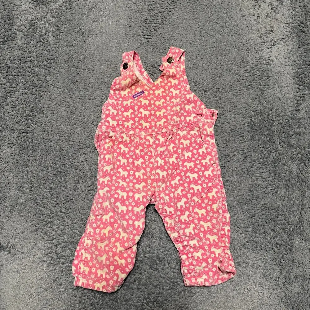 Vintage OshKosh Girl's Pink Corduroy Vestbak Overalls 6-9 Months Animal Print **